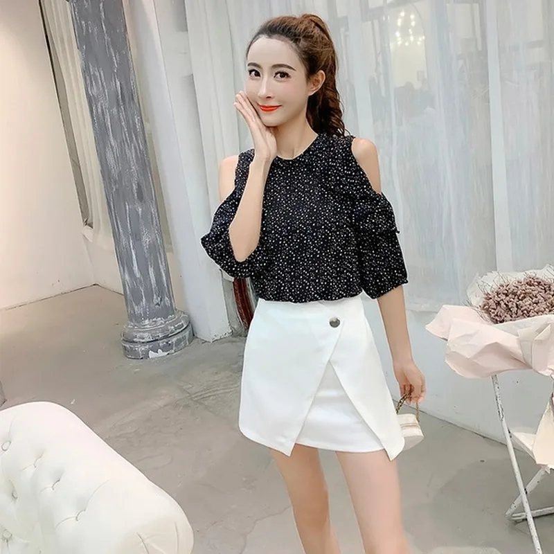 2019 partes superiores das senhoras blusas блузка из шифона с оборками в мелкий горошек Metade длин para