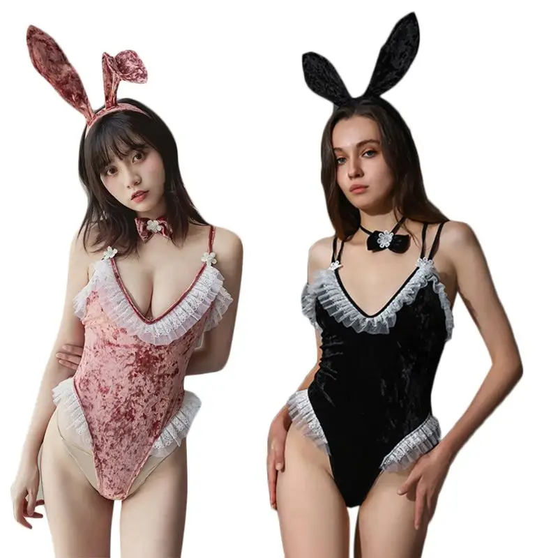 

Women Cute Anime Bunny Girl Cosplay Lingerie Set Bandana Velvet Jumpsuit Bowtie Sexy Erotic Bodysuit
