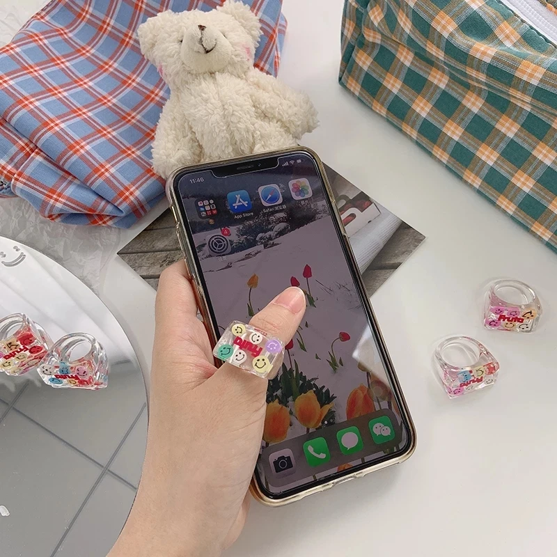 

YPAY New Korean Colorful Crystal Cartoon Cute Smiley Face Letters Transparent Square Chunky Rings for Women Jewelry Wholesale