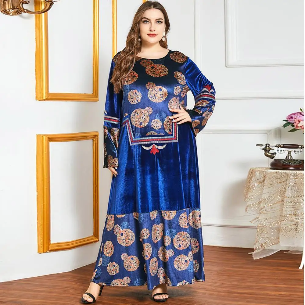 

European and American plus size fashion autumn and winter embroidery thick gold velvet long-sleeved dress Muslim women's dress