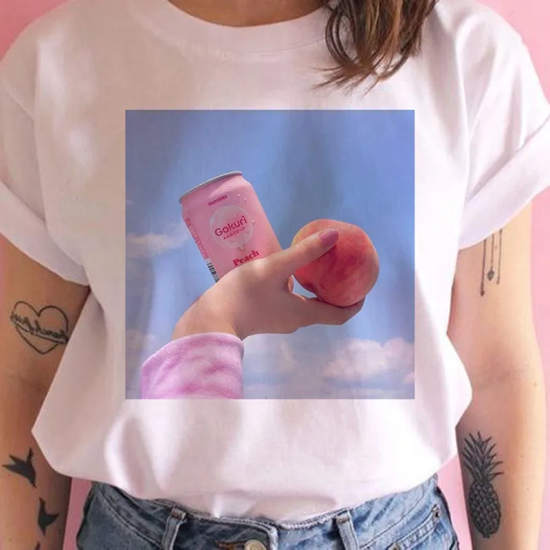Корейские футболки 90s персиковый принт Эстетическая гранж футболка Женская Harajuku