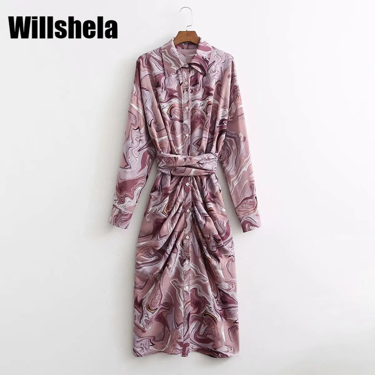 

Willshela женское модное однобортное платье миди с поясом и принтом винтажные женские платья с отворотом и длинными рукавами