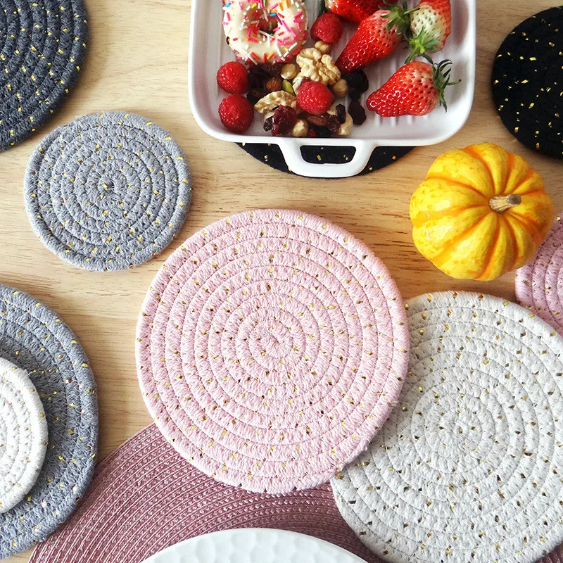 

1Pc Round Cotton Rope With Gold Line Coaster Insulation Cup Mat Non-Slip Plate Bowl Pad Table Placemat
