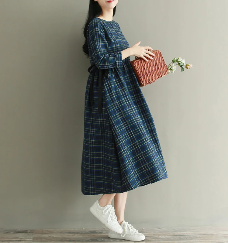 

New Mori Girl Autumn Spring Vintage Long Dress Elegant Plaid Casual Loose Lace Up Vestidos Preppy Style Sweet Cotton Linen Dress