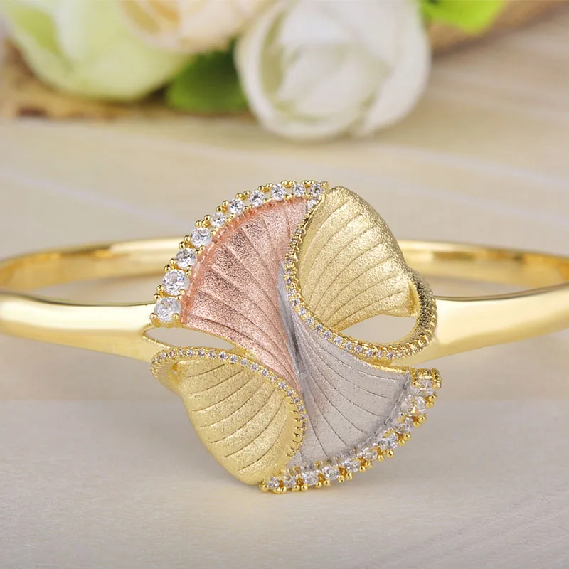Blucome Cubic Zirconia Wedding Jewelry Sets For Women Special Design Bracelet 3 Tones Grass Geometry Copper Wide Bangle Ring Set | Украшения