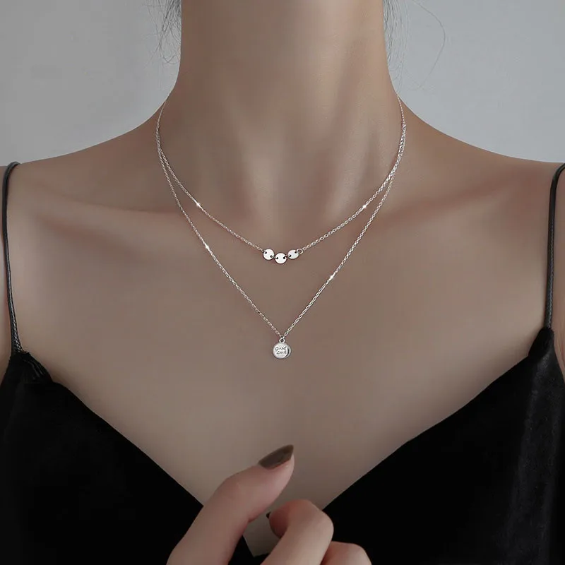 925 Sterling Silver Double-layer Round Bead Pendant Necklace Simple Fashion Female Clavicle Chain dz295 | Украшения и аксессуары