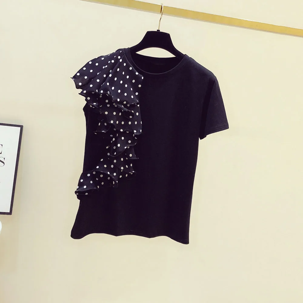 Женская Асимметричная футболка с коротким рукавом рюшами в горошек круглым