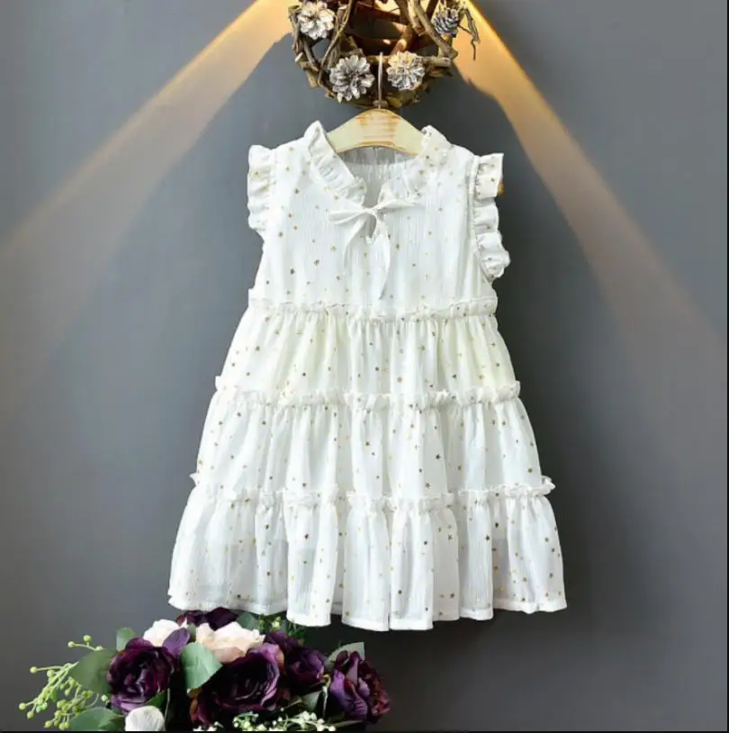 

2021 Baby Summer Clothing Children Girls Sleeveless Bronzing Dress with Ruffle Girls Round Collar Middle Length Princess Dresses