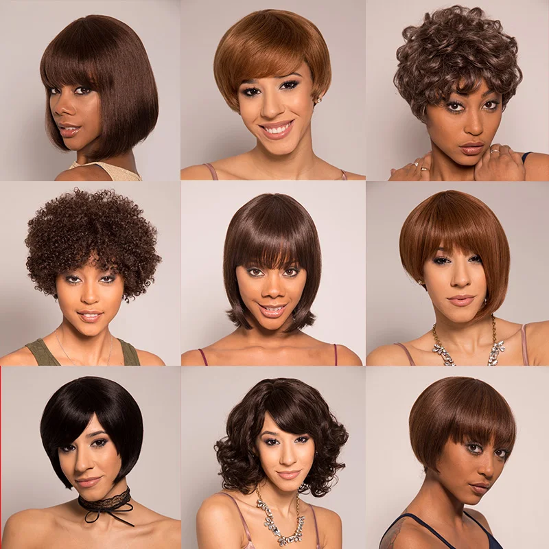 Straight Short Pixie Cut Bob Wigs Glueless Brown Full Machine Made Wigs With Bang Remy Human Hair Wigs For Women Free Shipping