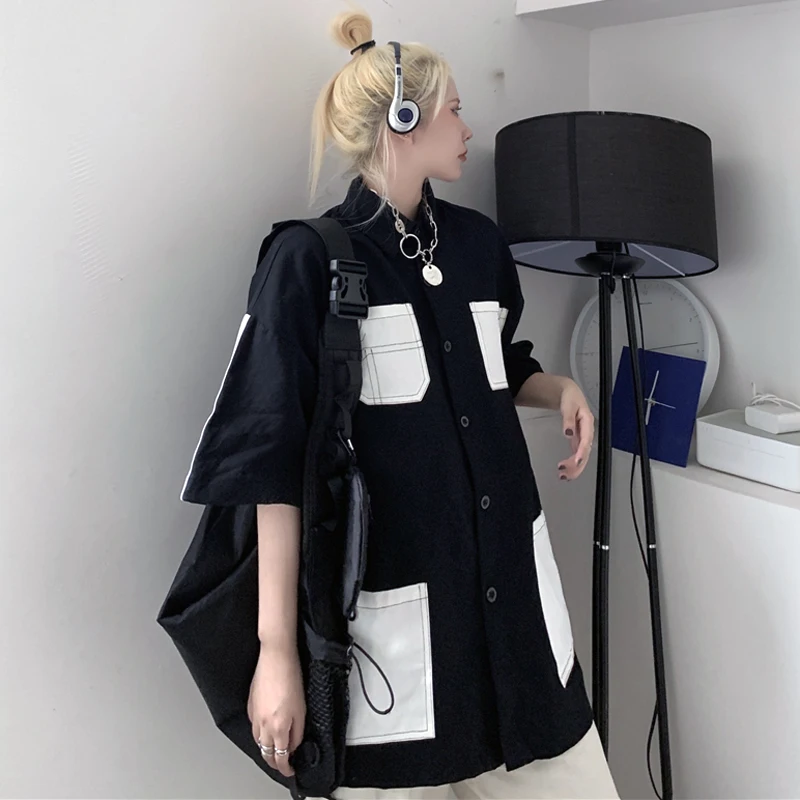

Summer Shirt Women Oversize Shirt Hip Hop Cotton Loose Short Sleeve Blouse Multi Pocket Solid Color Vintage Man Tooling Shirts