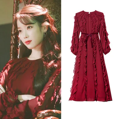 Бордовое темпераментное платье для женщин DEL LUNA отель же IU Лето Корейский осень
