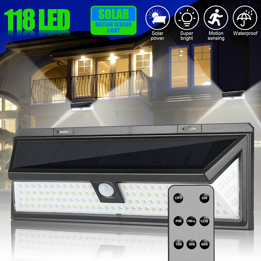 

SHOPLED 118 LED Outdoor Waterproof Solar Light PIR Motion Sensor Solar Lamp 3 Modes Remote Control Wall Lamp Garage Lighting