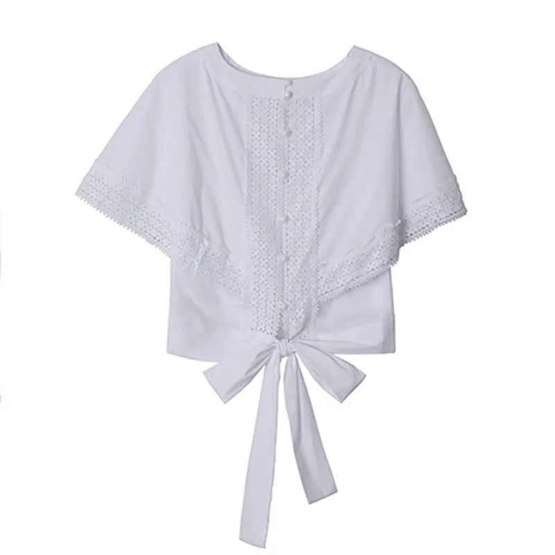 

Hollow Out Embroidered Summer Women's Blouse New Batwing Sleeve Korean Fashion Shirt 2021 Back Bow Elegant Blusa Feminina 15070