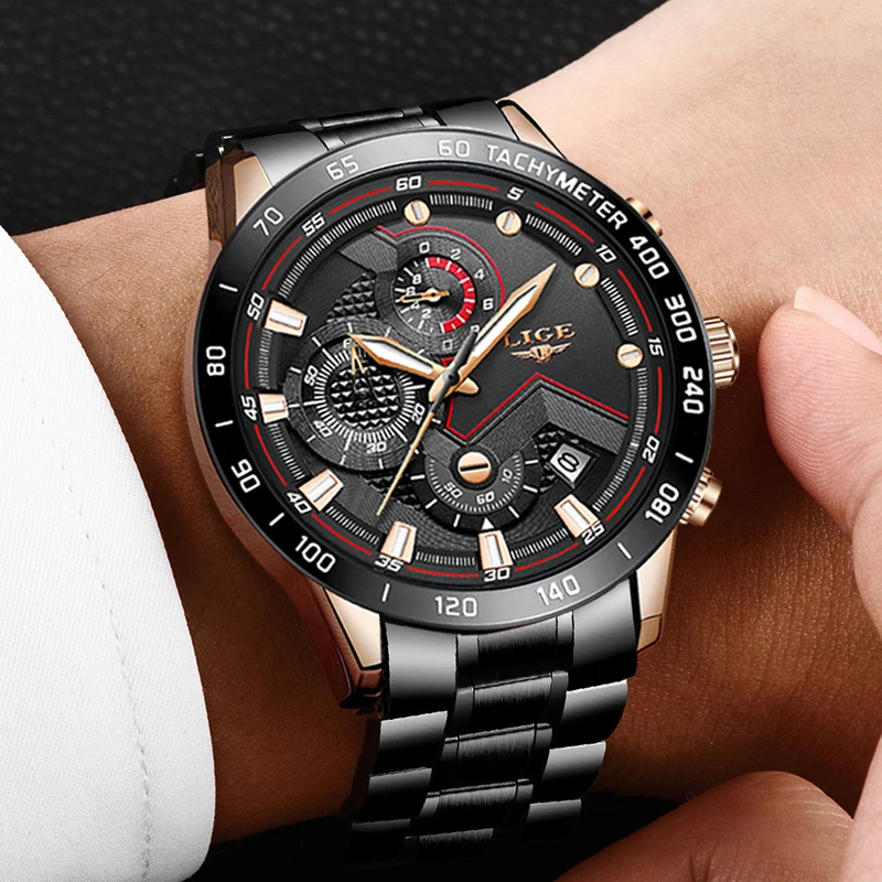

LIGE Date Business Men Watch Luxury Brand Stainless Steel Wrist Watch Chronograph Army Military Quartz Watches Relogio Masculino