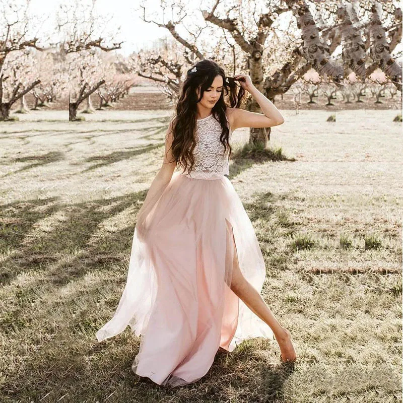 

Горячая Распродажа, очаровательное кружевное свадебное платье с высоким разрезом сбоку, два предмета, свадебное платье без рукавов с кругл...