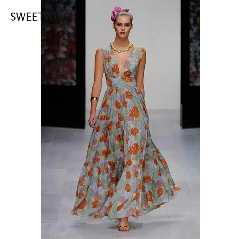 

2021 Summer New Style European and American Women's Sexy Deep V Printing Long Skirt and Big Swing Dress New