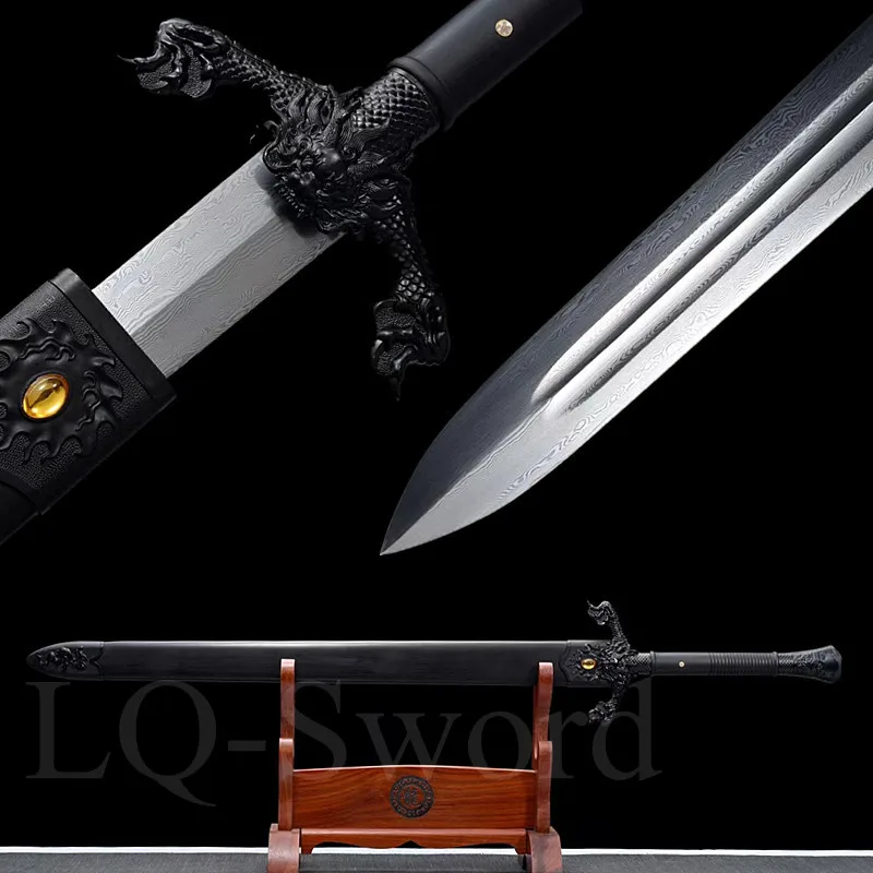 

Folded Steel Dragon Sword Real Hand Forged Full Tang Battle Ready Chinese Sword Game Swords Espadas Ebony Wood Saya Sheath