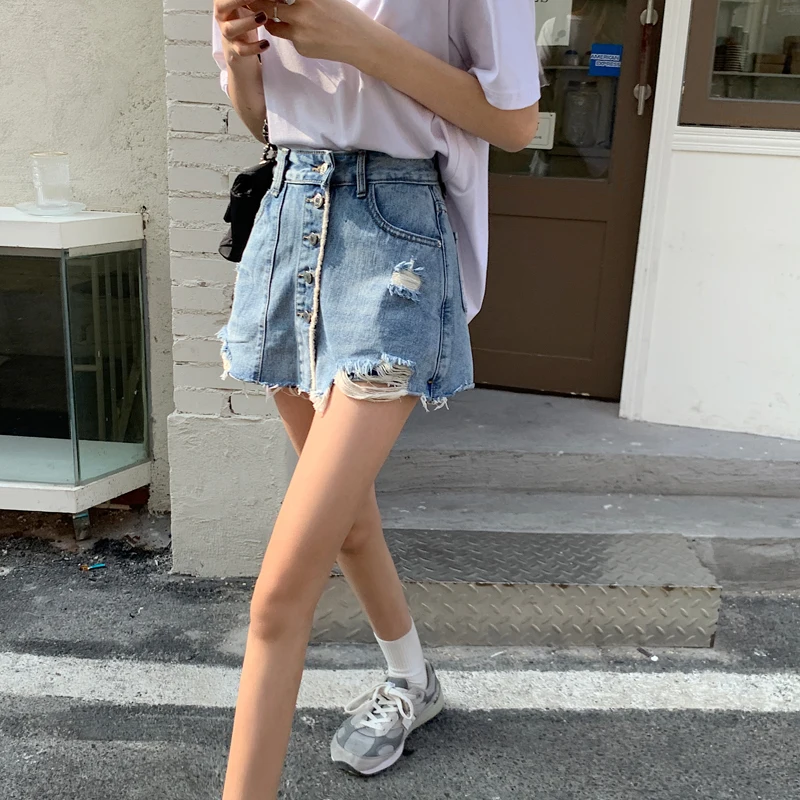 

Vintage Ripped Hollow Out Jeans Shorts for Girls Shorts Women Summer Single-Breasted High Waist Jeans Denim Skirt Shorts Plus