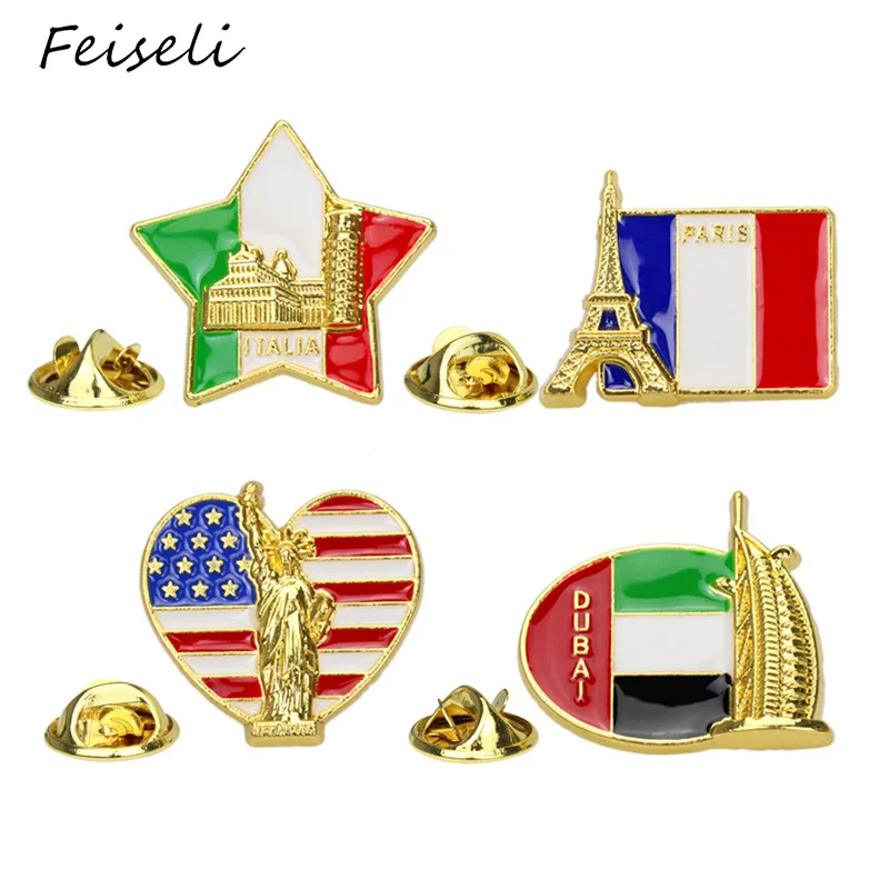 Feiseli уникальная Италия Франция Дубай США Статуя флаг Свободы брошь джинсовая