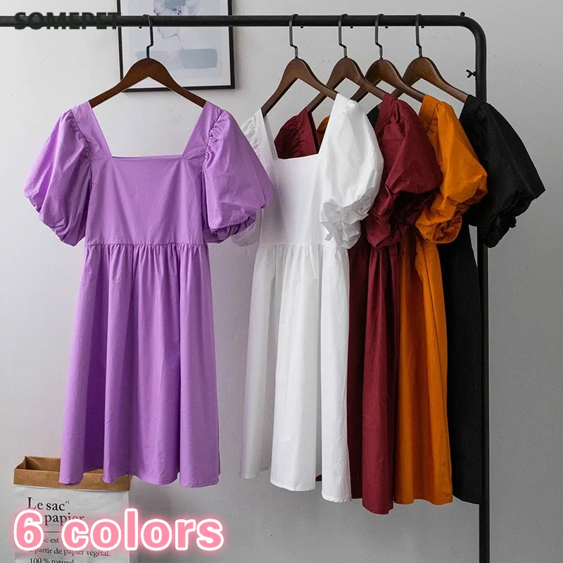 

Dress Women 6 Colors Hot Selling Vintage Lovely Puff Sleeve Summer Chic High Waist Preppy Girls Dresses Trendy Solid Ins Vestido