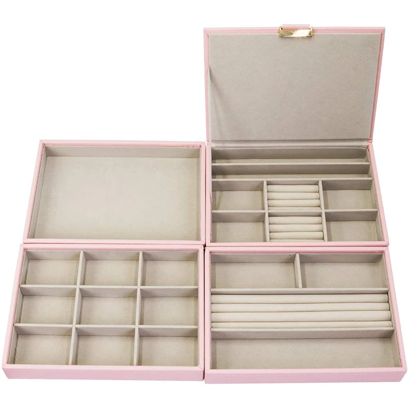 

Stackable Jewelry Organizer Trays for Women Girls, Leather and Velvet Jewelry Box with 4 Layers Display