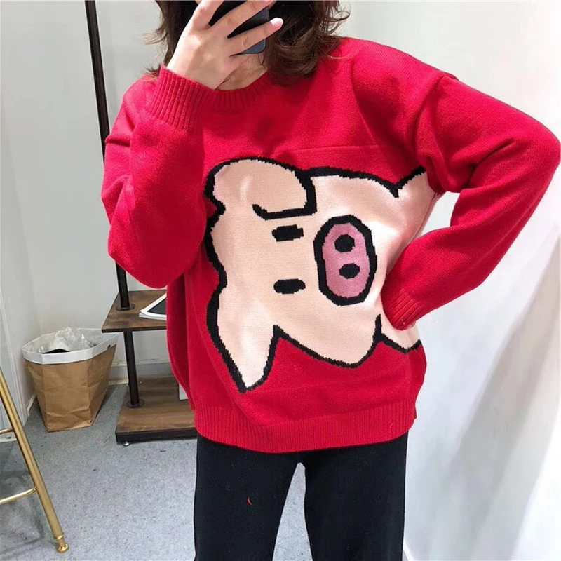 Spring Autumn New Women Pullover Sweaters O Neck Cartoon Pig Pretty Vintage Japan Style Ladies Knitwear Jumper Tops C-068 | Женская