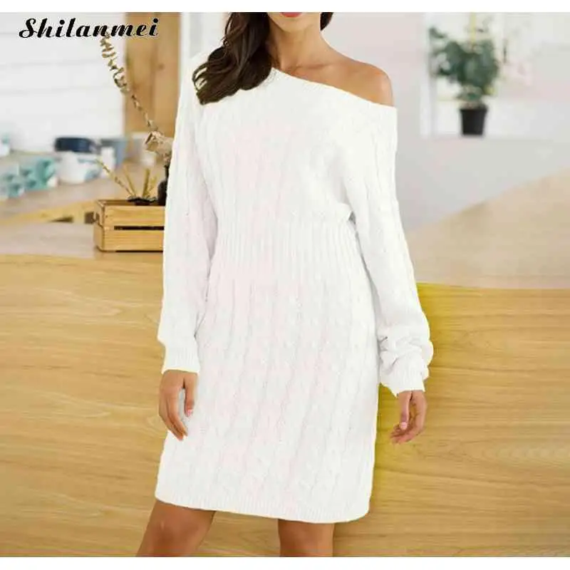 

2019 Autumn Winter Sexy Sweater Dresses Women One Shoulder Female Long Sleeve Knitted Bodycon Dress Fashion Slim Sweaters Dress