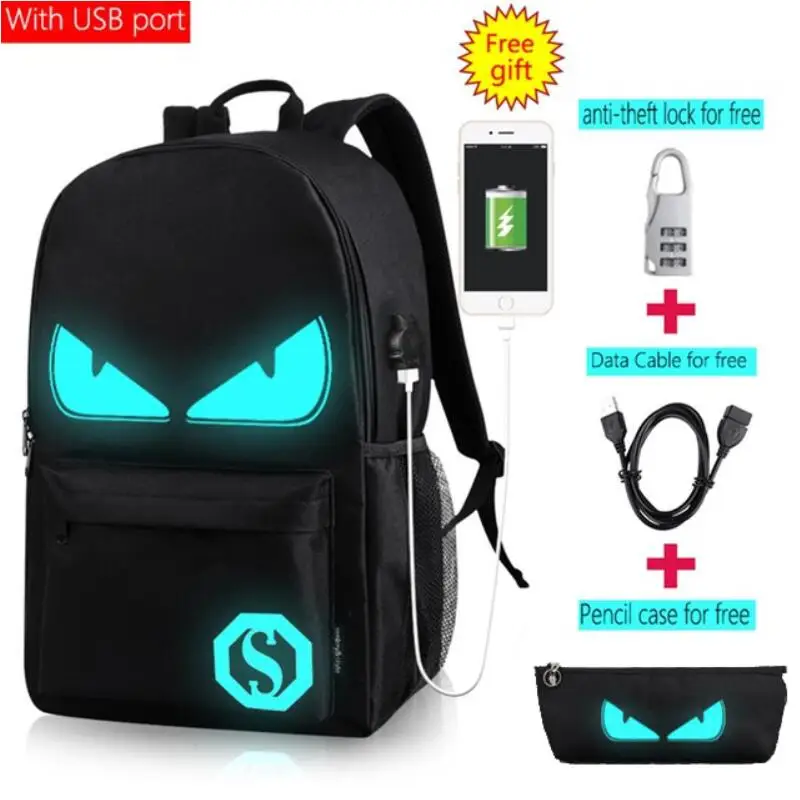 Повседневное персональное Mochila Аниме Мультфильм светящийся студенческий Противоугонный рюкзак для мужчин USB для зарядки Mochila luminosa Mochila Antirrobo - Цвет: Demon with USB