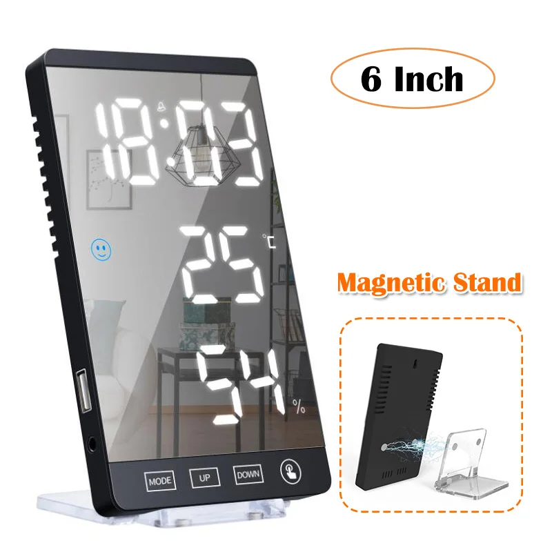 

6Inch Multifunction Touch Button Wall Digital Alarm Clock LED Mirror Backlight Clock USB Output Port Table Clock Magnetic Stand