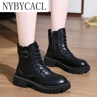 nybycacl 2022 new mid calf boots women autumn winter fashion lace up zipper boots sports platform heel ladies shoes
