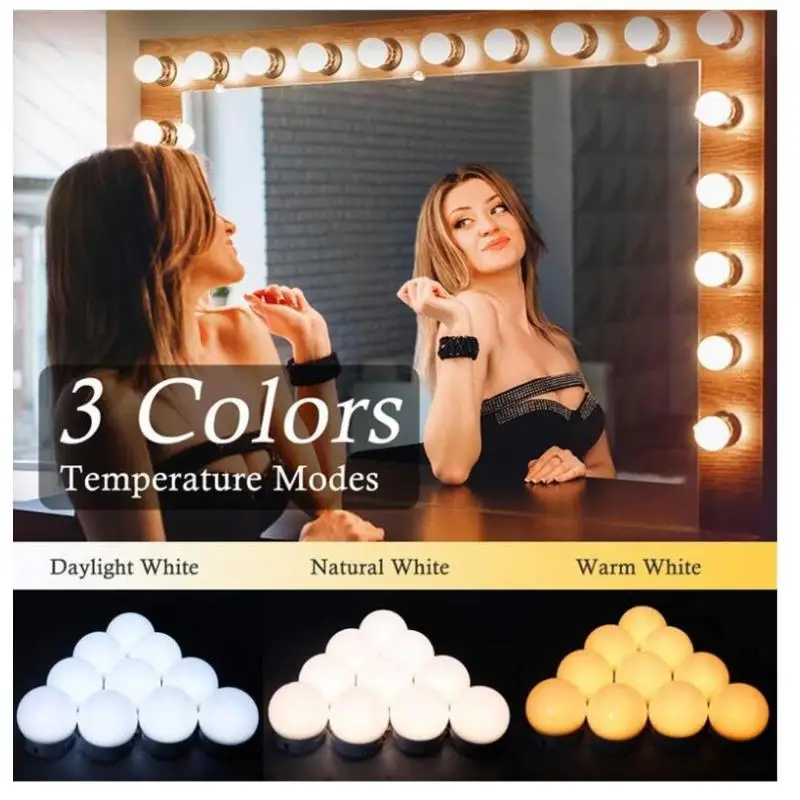 

3 Modes Colors Makeup Mirror Light Led Dimming Vanity Dressing Table Lamp Bulb USB Make Up Mirror Wall Lamp