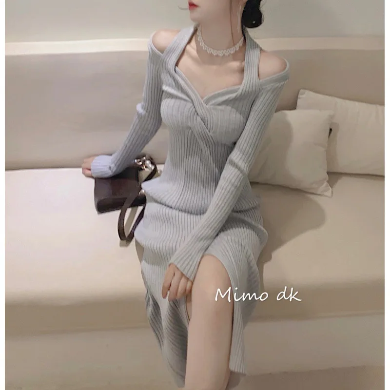 

Temperament Goddess Fashion Dress Autumn and Winter Korean Version of The New Solid Color Over The Knee Sexy Knitted Wool Dress