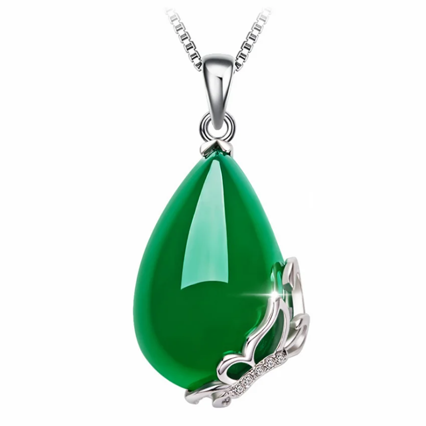 

FYJS Unique Female Gift Silver Plated Green Agates Butterfly Pendant Water Drop Necklace Temperament Jewelry