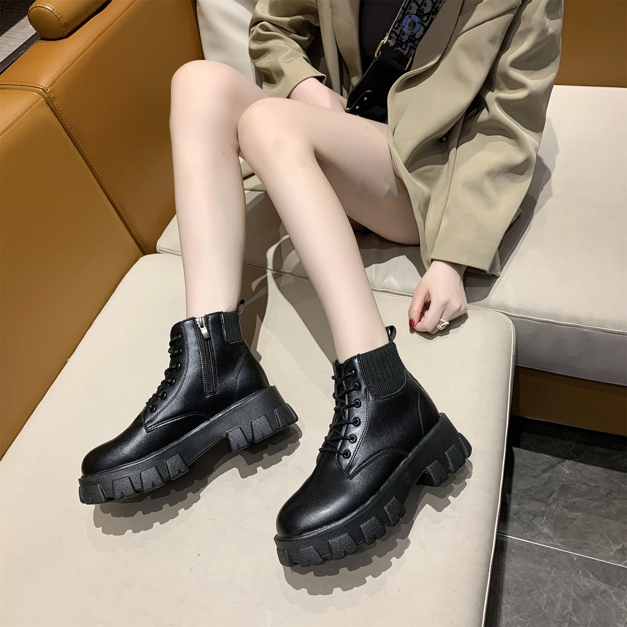 

Женские ботильоны на платформе, удобные повседневные ботинки на шнуровке с круглым носком и квадратным каблуком, осень 2021
