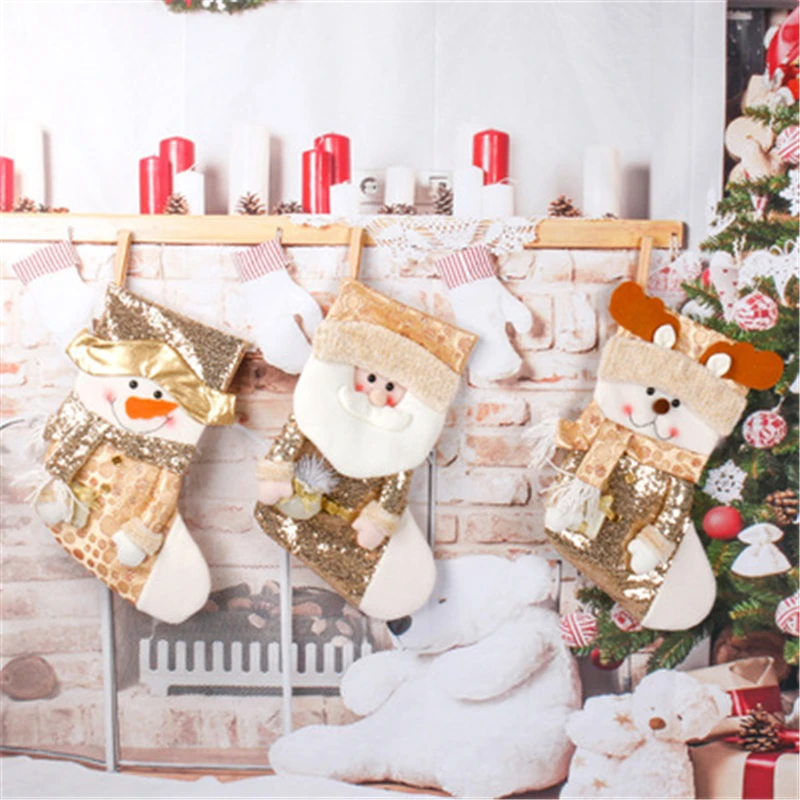 

Рождественские чулки, носки, снеговик, Санта, лось, золотые большие подарочные пакеты для рождественских конфет, подвесные украшения для ка...