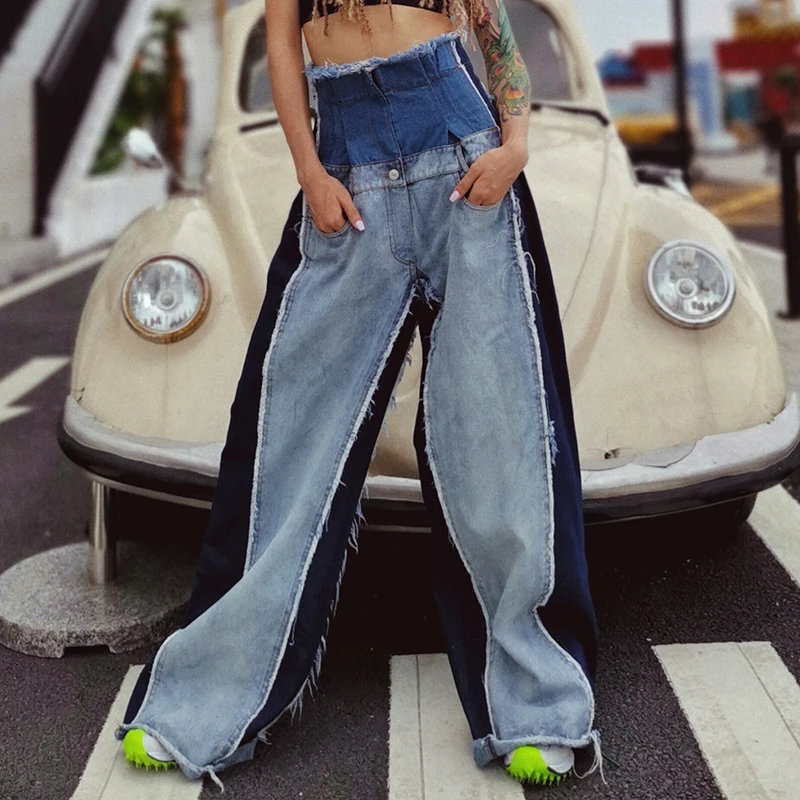 TWOTWINSTYLE Denim Patchwork Trousers Women High Waist Hit Color Large Size Wide Leg Pants Female Fashion Autumn Tide