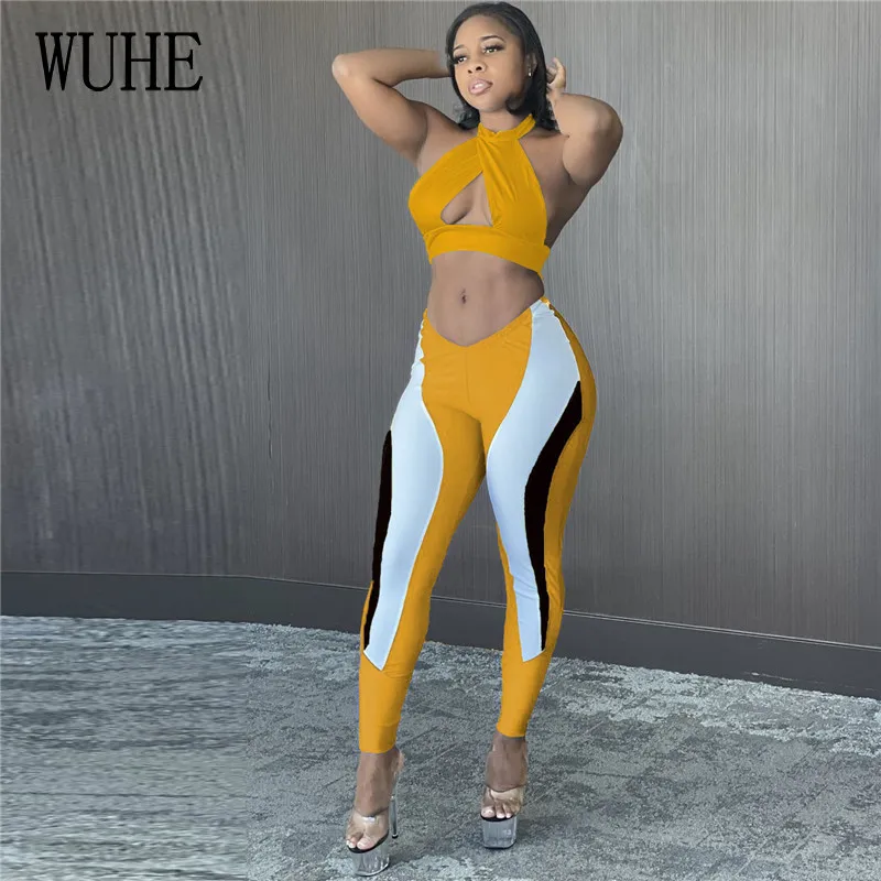 

YEYA Color Contrast Sexy Two Piece Off Shoulder Hollow Out Halter Backless Top and Package Hip Pencil Pants Casual Streetwear