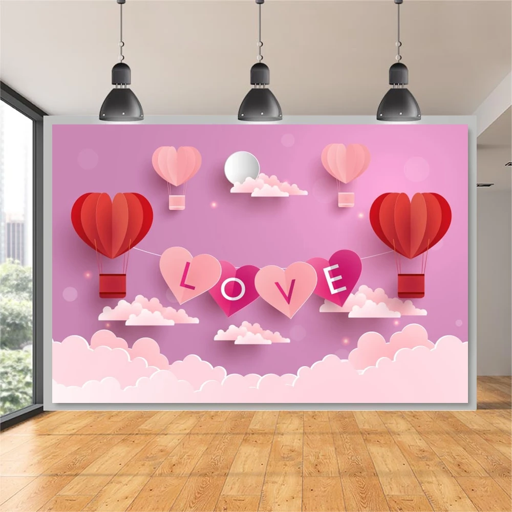 

Wedding Photocall Valentine's Day Backdrop Vinyl Cloud Sky Love Heart Hot Air Balloon Photography Background For Photo Studio
