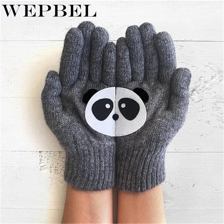 

WEPBEL Female Winter Warm Cute Cartoon Panda Print Knit Gloves Girl Women Fashion Full Finger Mittens Gloves