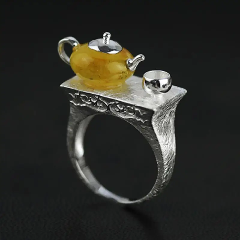 Yellow INATURE 925 пробы серебро Натуральный Янтарный чайник кольца для женщин Свадебные украшения - Цвет камня: Yellow