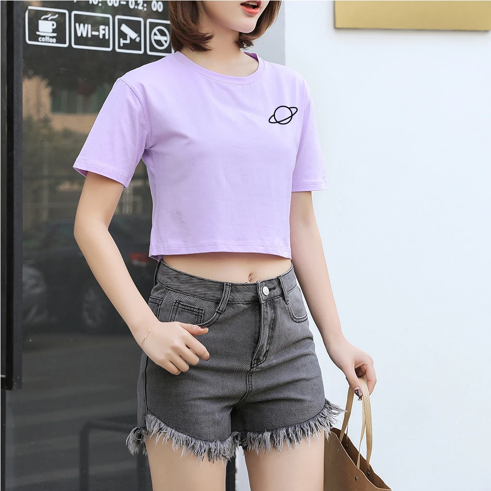 Кроп-Топ женский с принтом планеты пикантная Повседневная хлопковая Футболка