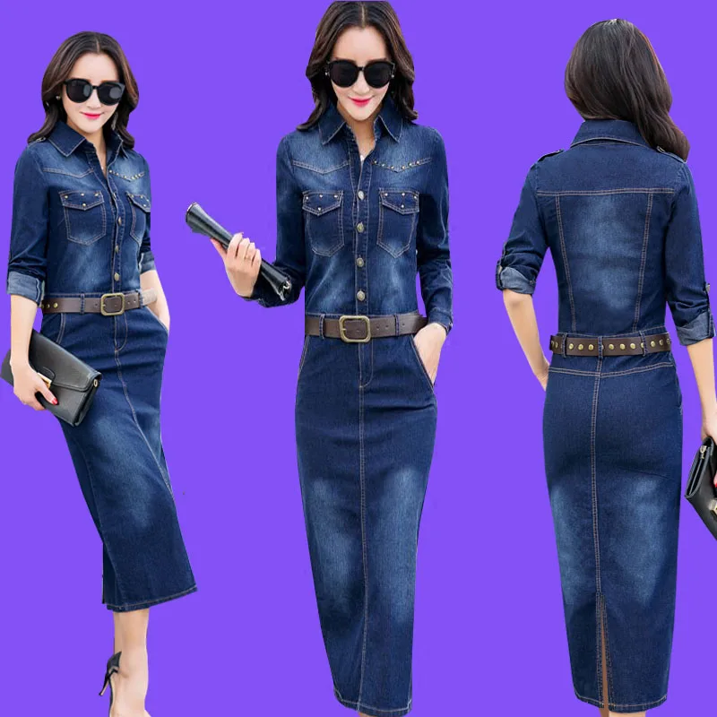 

Large size women's spring and autumn new Retro long-sleeved cowboy dress Slim cowboy fashion wild Long section paragraph dress