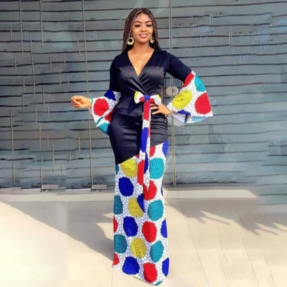 

african women long dress 2022 Stitching Women Dresses African V-neck Lotus Leaf Sleeve Bowknot Maxi Mermaid Party Trumpet Dress