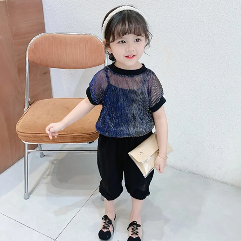 

DFXD Children Clothing Sets 2020 Summer Toddler Outfit 3pc Kids Clothes Fashion Hollow Out Lace T-shirt+Halter Top+Loose Pant