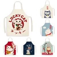 linen apron japanese cartoon lucky cat no repair bib parent child couples waterproof antifouling household kitchen supplies