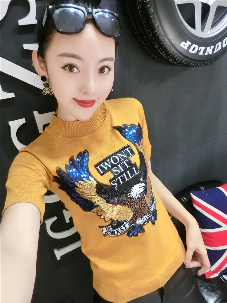 

Large size 2021 Women's spring and autumn Sequins short sleeves T shirts Lady Eagle Sequined T-shirt Fashion Cotton Tops