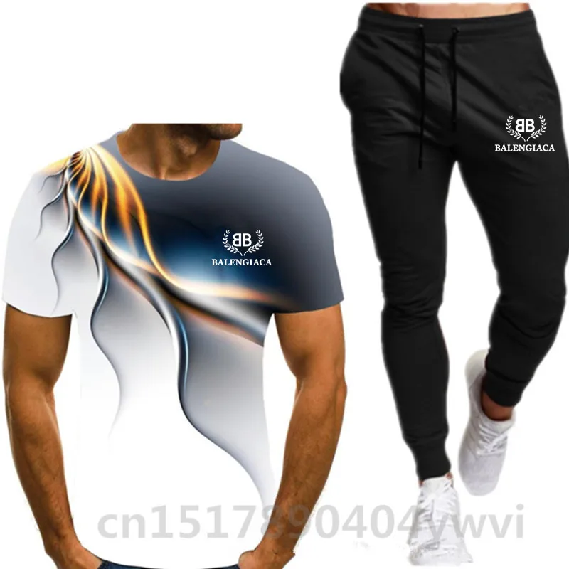 

2021 Hot Men's Sets T Shirts+pants Two Pieces Sets Casual Tracksuit Men Sports Brand Suit Print Tops+Pants Gyms Fitness Trousers