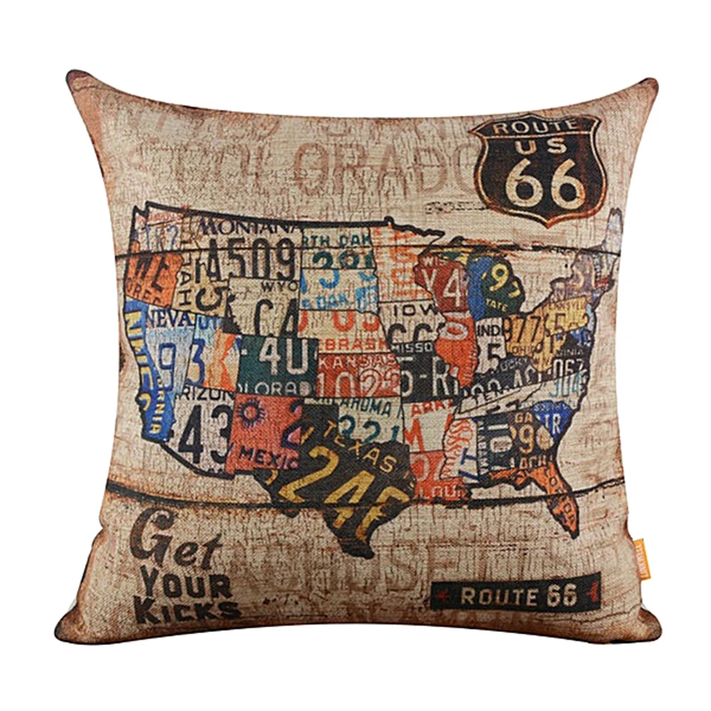 Vintage American Map Route 66 Pattern Breathable Linen Pillow Case Removable Cushion Cover Sofa Bed Car Decor | Дом и сад