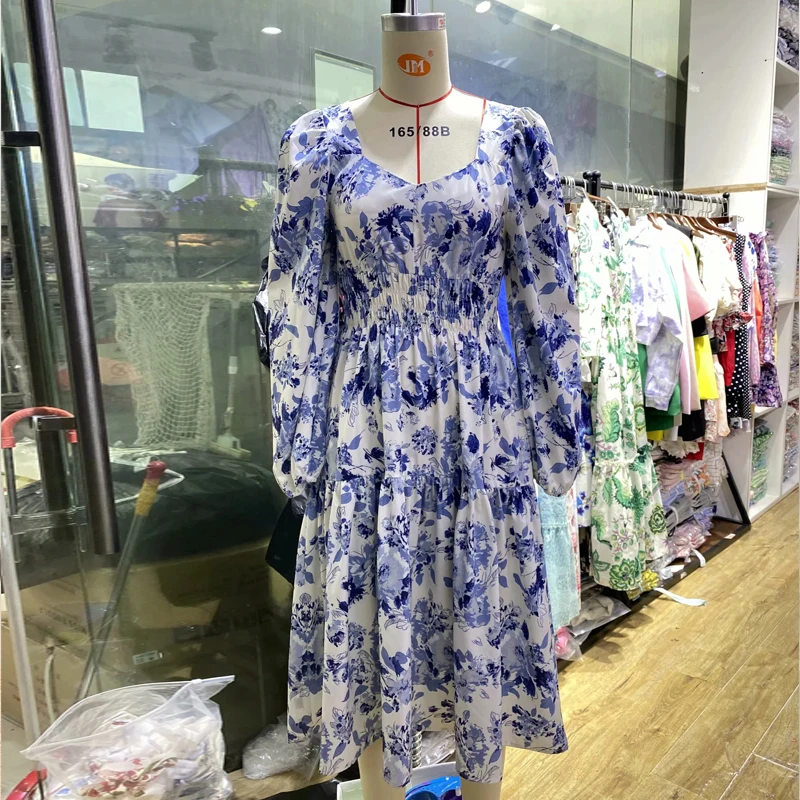 

Za Women Summer elastic-waist midi Dress Long puff sleeves V-neck Floral Printing Dresses Female elegant slim Party Dress 2021
