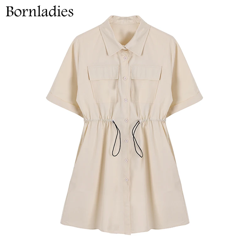 

Bornladies Chic shirring Women Dress Turn-down Collar Female mini Dress short-sleeve Vestidos Femme 2021 Streetwear